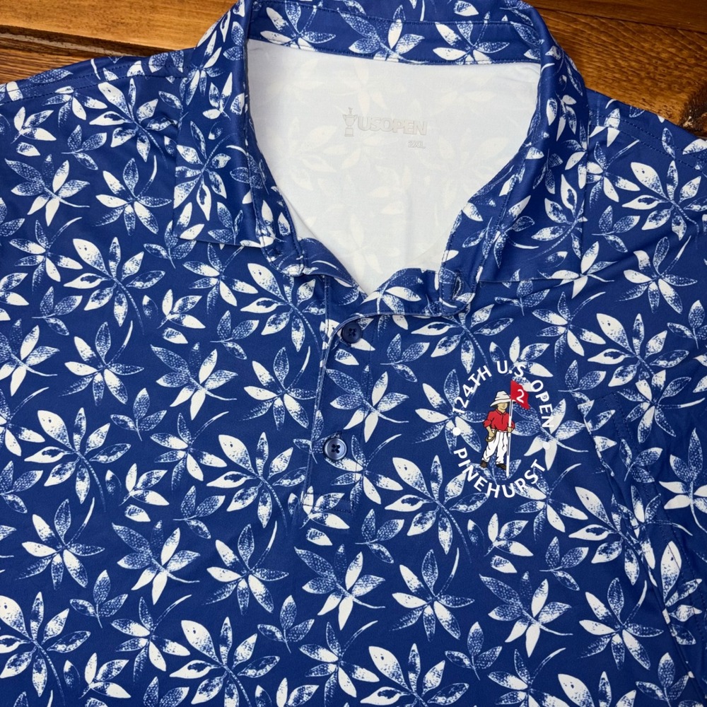 US Open Polo Shirt Mens 2XL Blue Floral 124th Pinehurst Logo Golf Short Sleeve